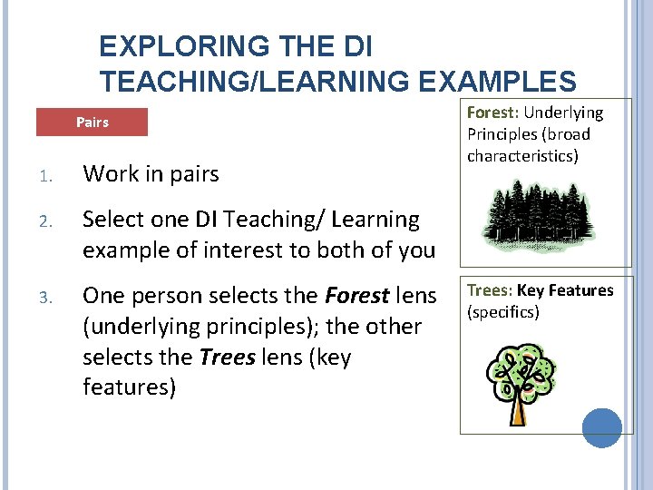 EXPLORING THE DI TEACHING/LEARNING EXAMPLES Pairs 1. Work in pairs 2. Select one DI
