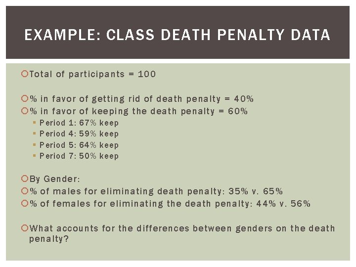 EXAMPLE: CLASS DEATH PENALTY DATA Total of participants = 100 % in favor of