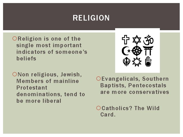 RELIGION Religion is one of the single most important indicators of someone’s beliefs Non