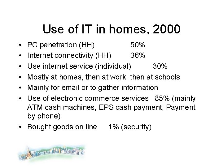 Use of IT in homes, 2000 • • • PC penetration (HH) 50% Internet