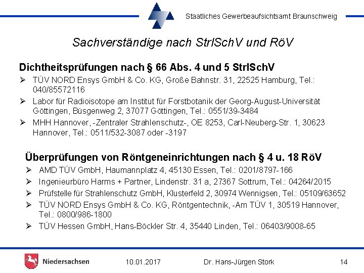 Staatliches Gewerbeaufsichtsamt Braunschweig Sachverständige nach Strl. Sch. V und RöV Dichtheitsprüfungen nach § 66