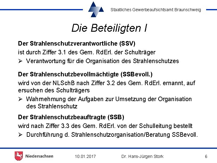 Staatliches Gewerbeaufsichtsamt Braunschweig Die Beteiligten I Der Strahlenschutzverantwortliche (SSV) ist durch Ziffer 3. 1