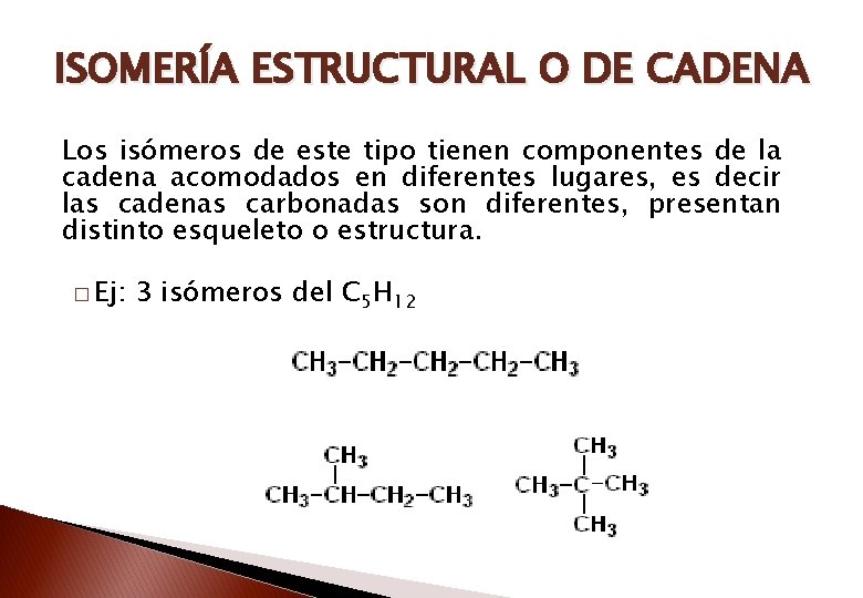 ISOMERÍA ESTRUCTURAL O DE CADENA Los isómeros de este tipo tienen componentes de la