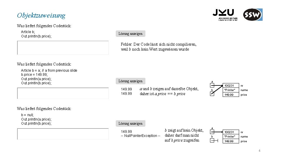 Objektzuweisung Was liefert folgendes Codestück: Article b; Out. println(b. price); Lösung anzeigen Fehler: Der