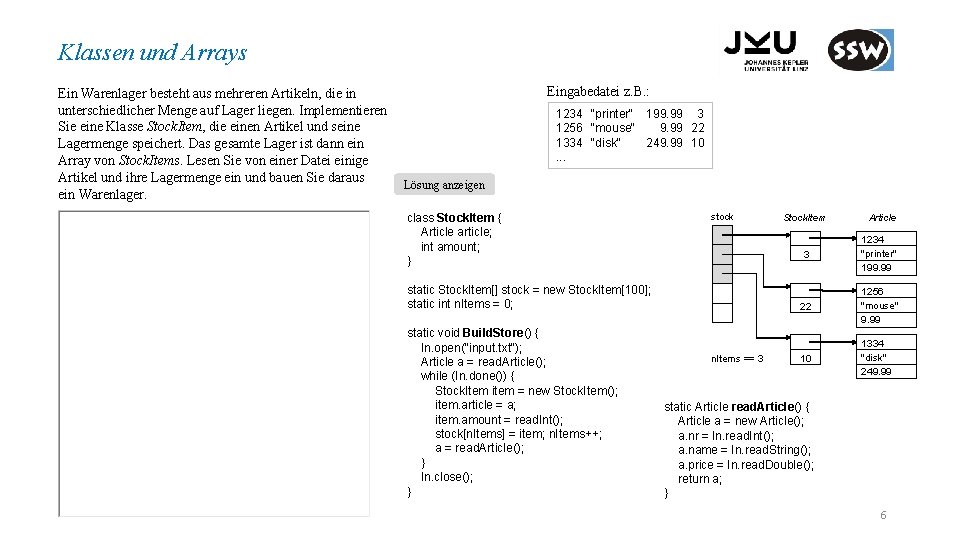 Klassen und Arrays Ein Warenlager besteht aus mehreren Artikeln, die in unterschiedlicher Menge auf
