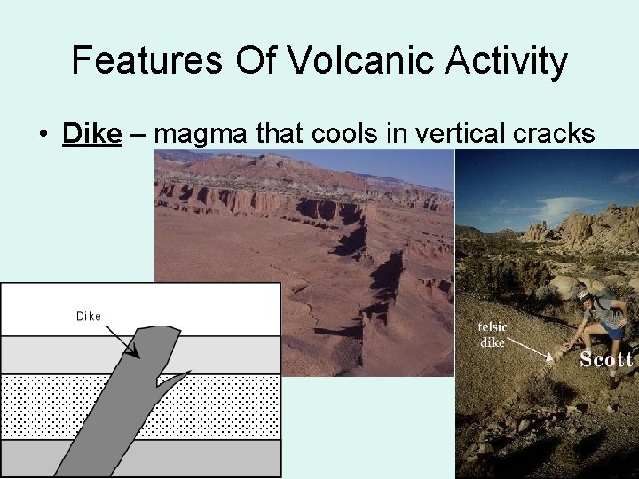 Features Of Volcanic Activity • Dike – magma that cools in vertical cracks 