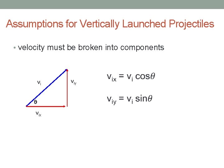 Assumptions for Vertically Launched Projectiles • velocity must be broken into components vi q Assumptions for Vertically Launched Projectiles • velocity must be broken into components vi q