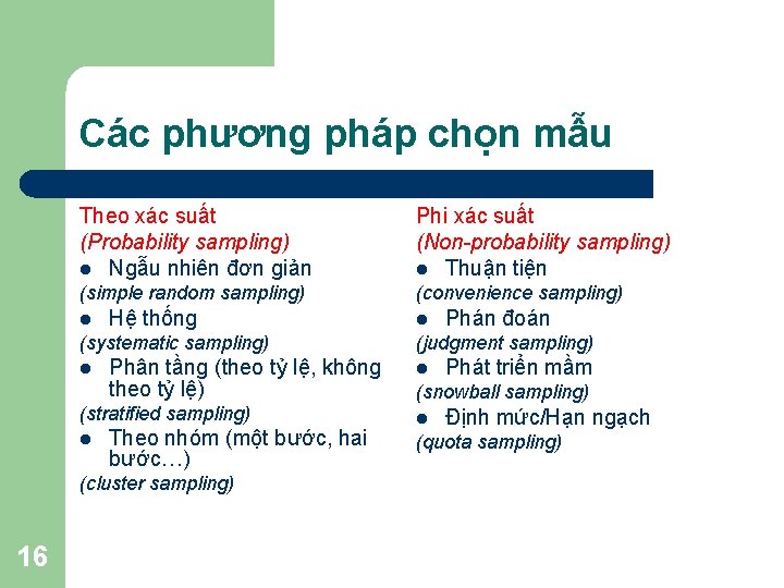 Các phương pháp chọn mẫu Theo xác suất (Probability sampling) l Ngẫu nhiên đơn