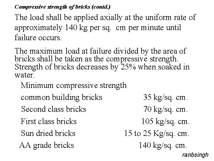 Compressive strength of bricks (contd. ) The load shall be applied axially at the