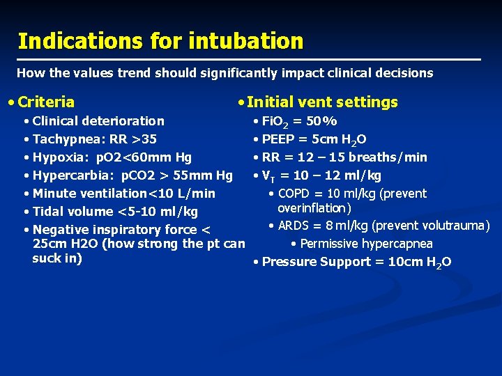 Indications for intubation How the values trend should significantly impact clinical decisions • Criteria