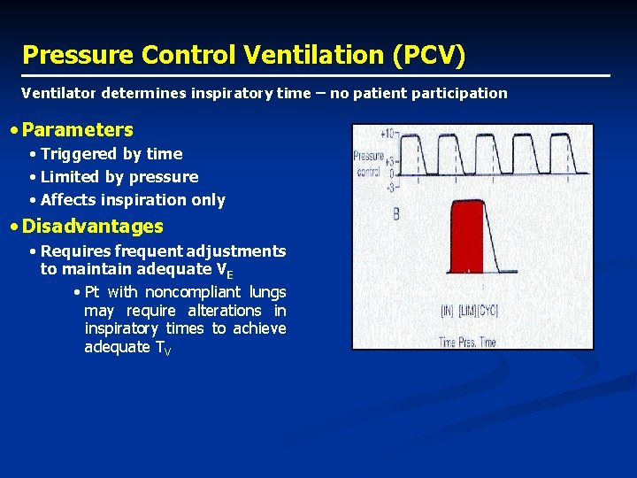 Pressure Control Ventilation (PCV) Ventilator determines inspiratory time – no patient participation • Parameters