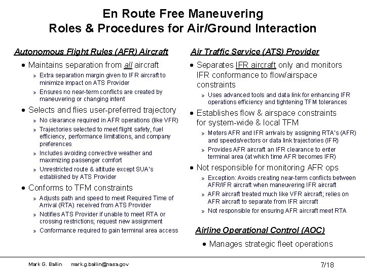 En Route Free Maneuvering Roles & Procedures for Air/Ground Interaction Autonomous Flight Rules (AFR)