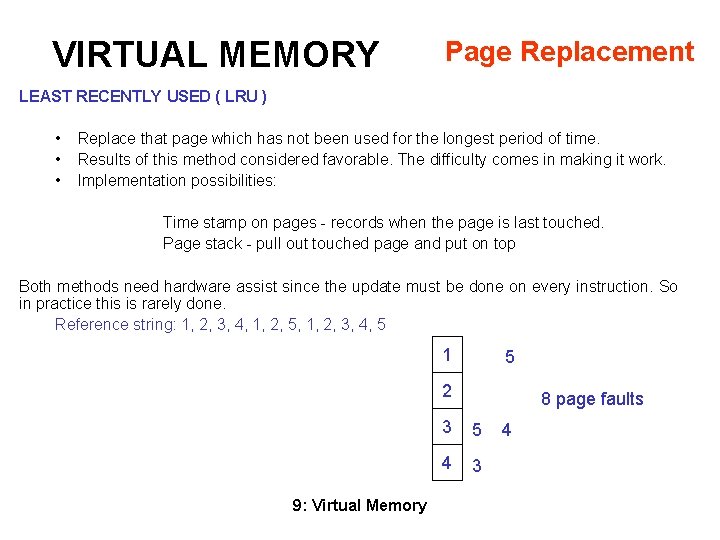 VIRTUAL MEMORY Page Replacement LEAST RECENTLY USED ( LRU ) • • • Replace