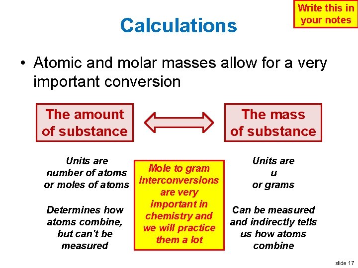 Write this in your notes Calculations • Atomic and molar masses allow for a