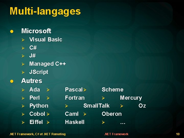 Multi-langages l Microsoft l Visual Basic C# J# Managed C++ JScript Autres Ada Perl