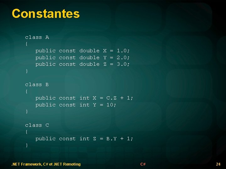 Constantes class A { public const double X = 1. 0; public const double