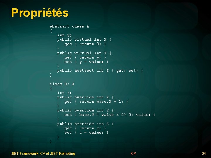 Propriétés abstract class A { int y; public virtual int X { get {