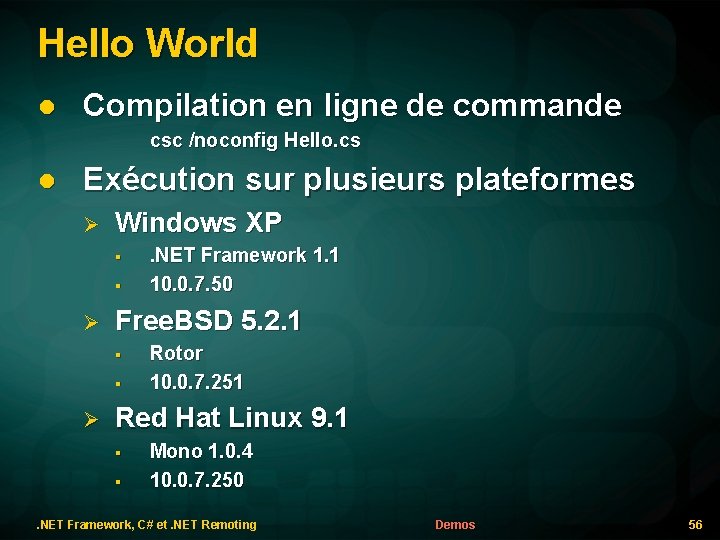 Hello World l Compilation en ligne de commande csc /noconfig Hello. cs l Exécution