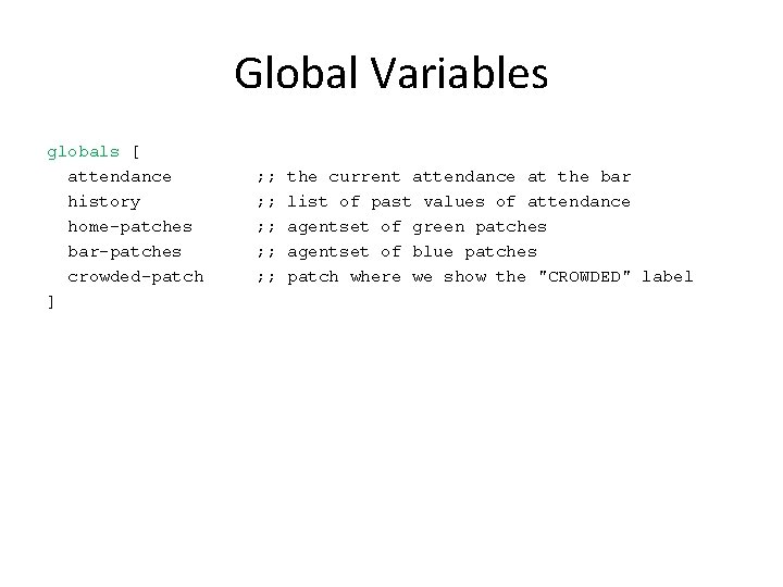 Global Variables globals [ attendance history home-patches bar-patches crowded-patch ] ; ; ; ;