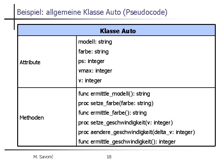Beispiel: allgemeine Klasse Auto (Pseudocode) Klasse Auto modell: string farbe: string Attribute ps: integer