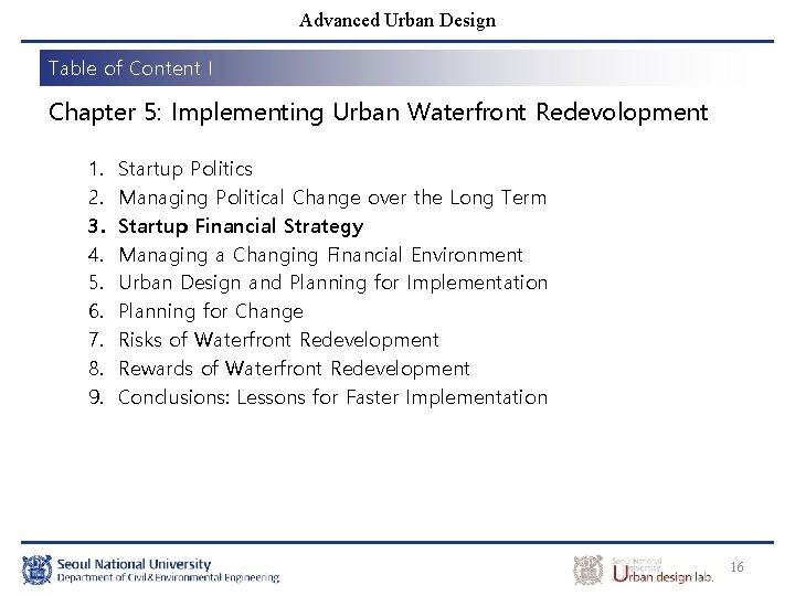 Advanced Urban Design Table of Content I Chapter 5: Implementing Urban Waterfront Redevolopment 1.
