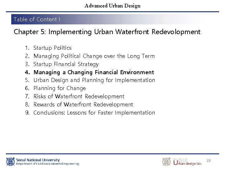 Advanced Urban Design Table of Content I Chapter 5: Implementing Urban Waterfront Redevolopment 1.