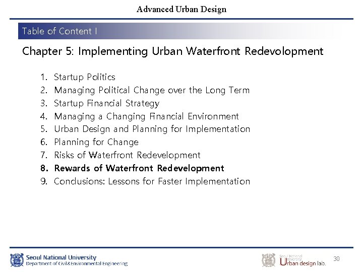Advanced Urban Design Table of Content I Chapter 5: Implementing Urban Waterfront Redevolopment 1.