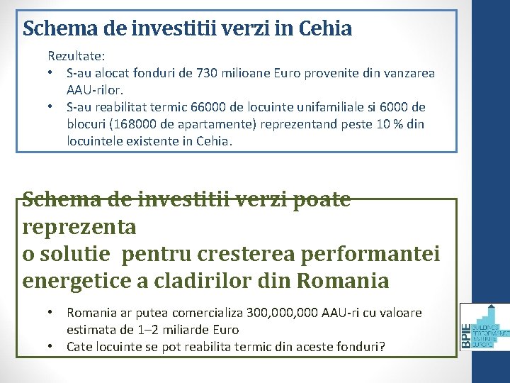 Schema de investitii verzi in Cehia Rezultate: • S-au alocat fonduri de 730 milioane