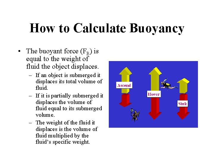 How to Calculate Buoyancy • The buoyant force (FB) is equal to the weight