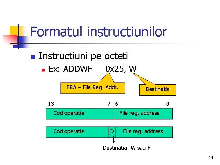 Formatul instructiunilor n Instructiuni pe octeti n Ex: ADDWF 0 x 25, W FRA