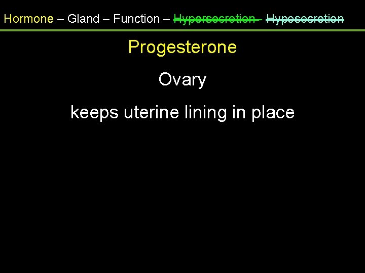 Hormone – Gland – Function – Hypersecretion - Hyposecretion Progesterone Ovary keeps uterine lining