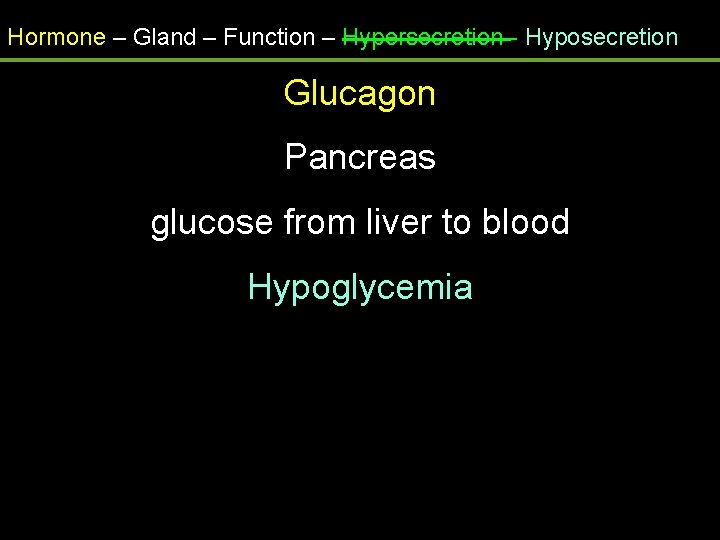 Hormone – Gland – Function – Hypersecretion - Hyposecretion Glucagon Pancreas glucose from liver