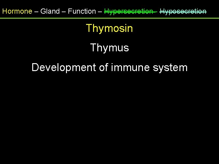 Hormone – Gland – Function – Hypersecretion - Hyposecretion Thymosin Thymus Development of immune