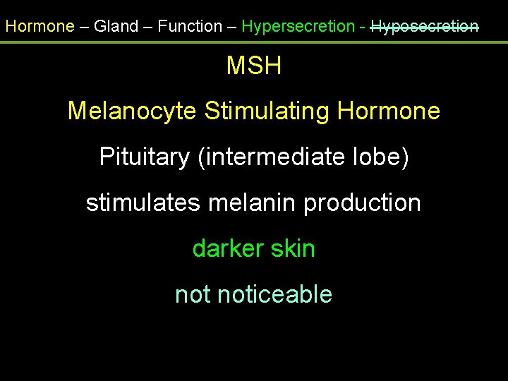 Hormone – Gland – Function – Hypersecretion - Hyposecretion MSH Melanocyte Stimulating Hormone Pituitary