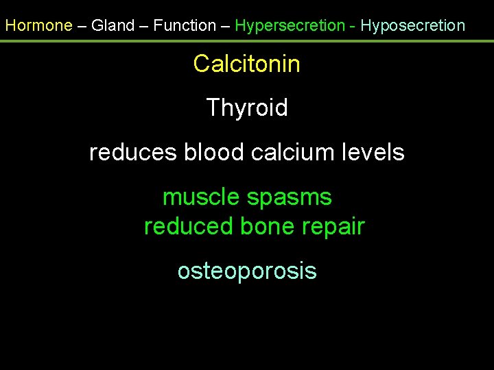 Hormone – Gland – Function – Hypersecretion - Hyposecretion Calcitonin Thyroid reduces blood calcium