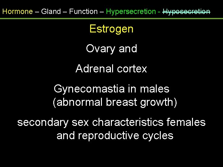 Hormone – Gland – Function – Hypersecretion - Hyposecretion Estrogen Ovary and Adrenal cortex