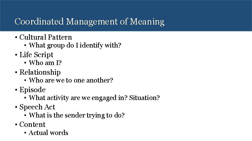 Coordinated Management of Meaning • Cultural Pattern • What group do I identify with?