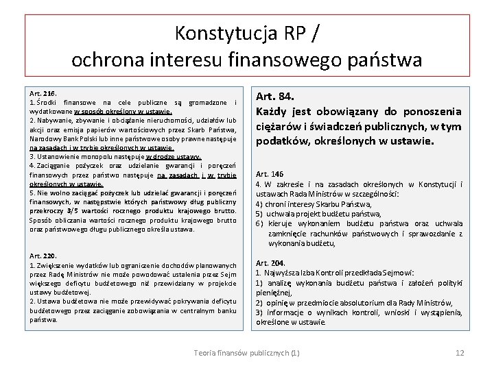 Konstytucja RP / ochrona interesu finansowego państwa Art. 216. 1. Środki finansowe na cele