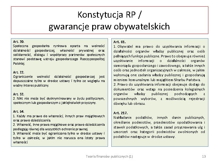 Konstytucja RP / gwarancje praw obywatelskich Art. 20. Społeczna gospodarka rynkowa oparta na wolności