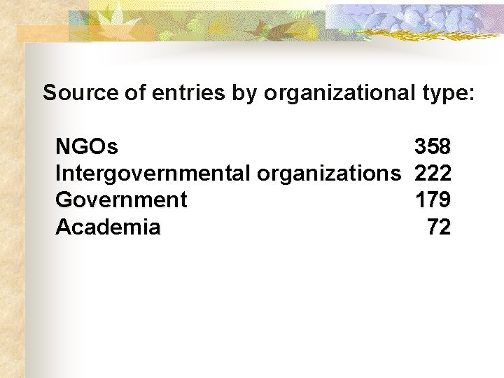 Source of entries by organizational type: NGOs Intergovernmental organizations Government Academia 358 222 179