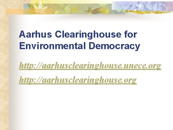 Aarhus Clearinghouse for Environmental Democracy http: //aarhusclearinghouse. unece. org http: //aarhusclearinghouse. org 