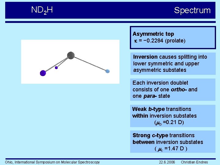 ND 2 H Spectrum Asymmetric top = − 0. 2284 (prolate) Inversion causes splitting