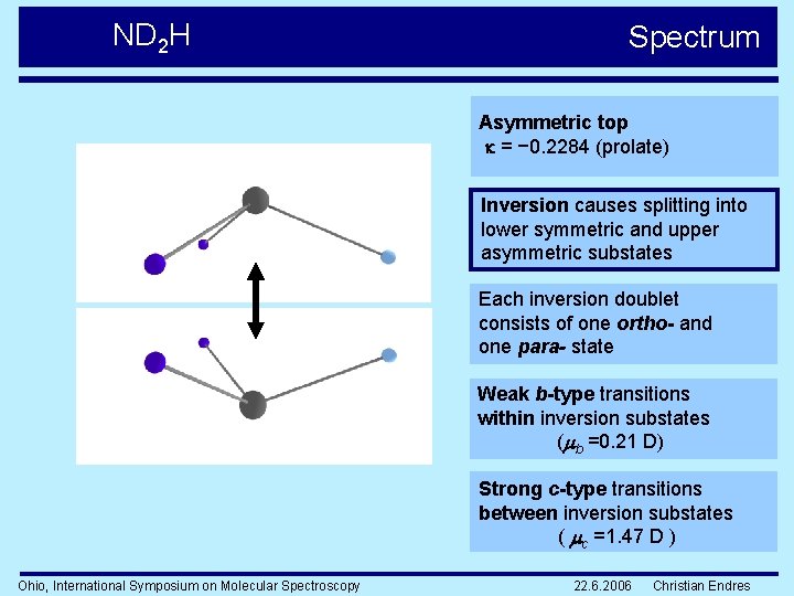 ND 2 H Spectrum Asymmetric top = − 0. 2284 (prolate) Inversion causes splitting