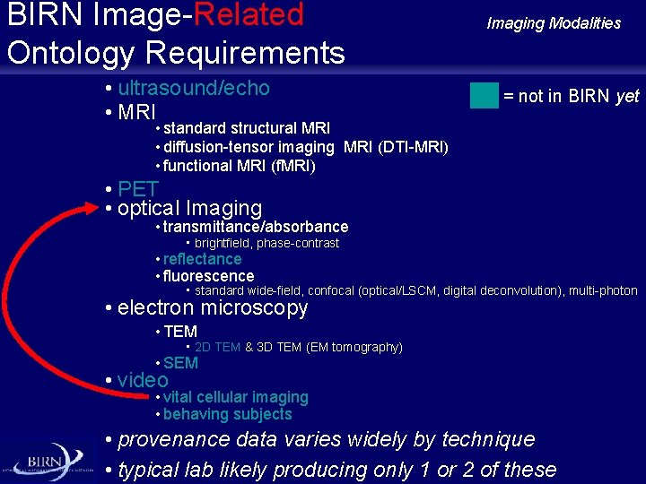 BIRN Image-Related Ontology Requirements • ultrasound/echo • MRI Imaging Modalities = not in BIRN