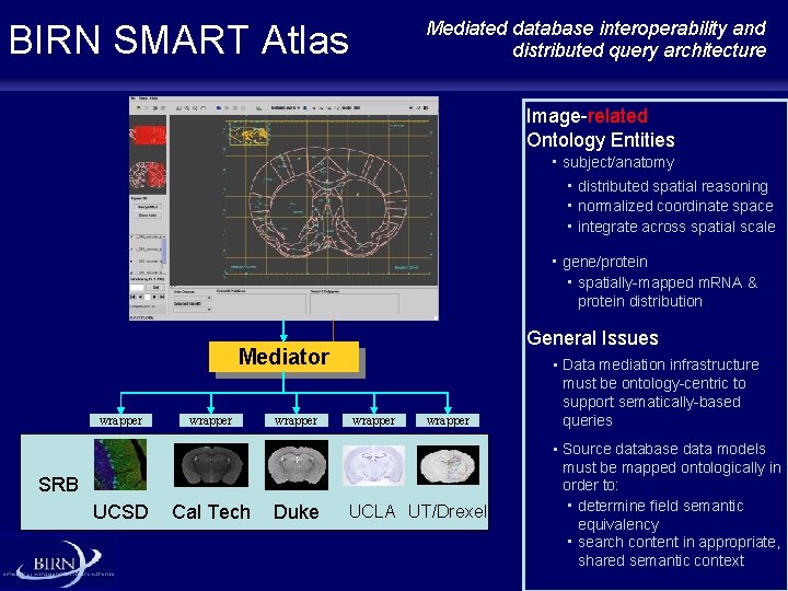 Mediated database interoperability and distributed query architecture BIRN SMART Atlas Image-related Ontology Entities •