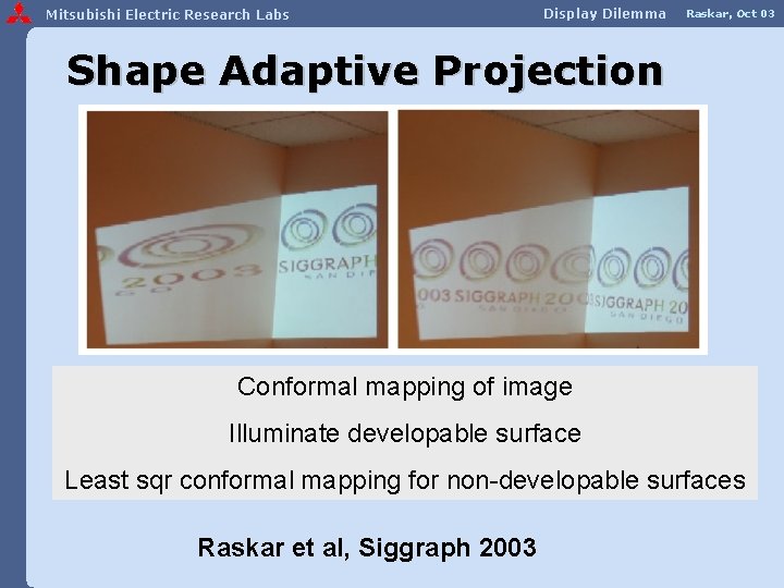 Mitsubishi Electric Research Labs Display Dilemma Raskar, Oct 03 Shape Adaptive Projection Conformal mapping