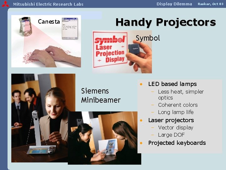 Display Dilemma Mitsubishi Electric Research Labs Canesta Raskar, Oct 03 Handy Projectors Symbol Siemens