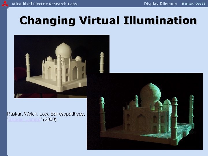 Mitsubishi Electric Research Labs Display Dilemma Raskar, Oct 03 Changing Virtual Illumination Raskar, Welch,