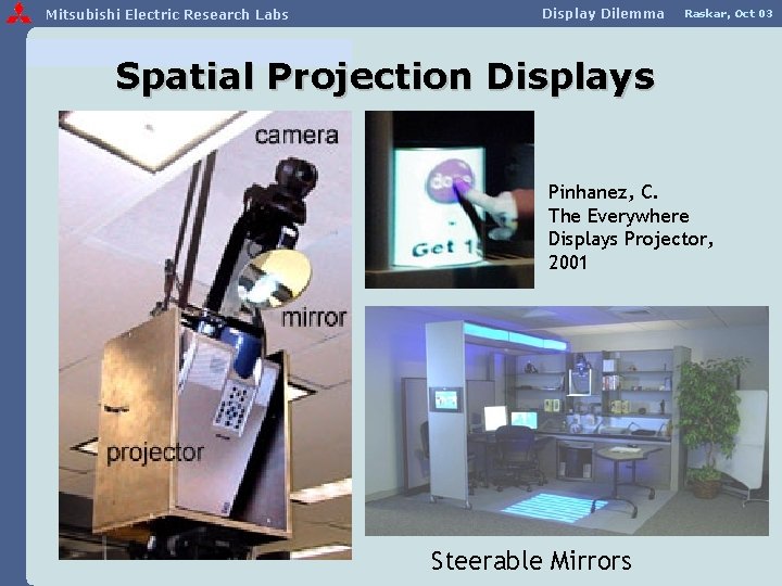 Mitsubishi Electric Research Labs Display Dilemma Raskar, Oct 03 Spatial Projection Displays Pinhanez, C.