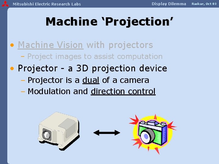 Mitsubishi Electric Research Labs Display Dilemma Machine ‘Projection’ • Machine Vision with projectors –